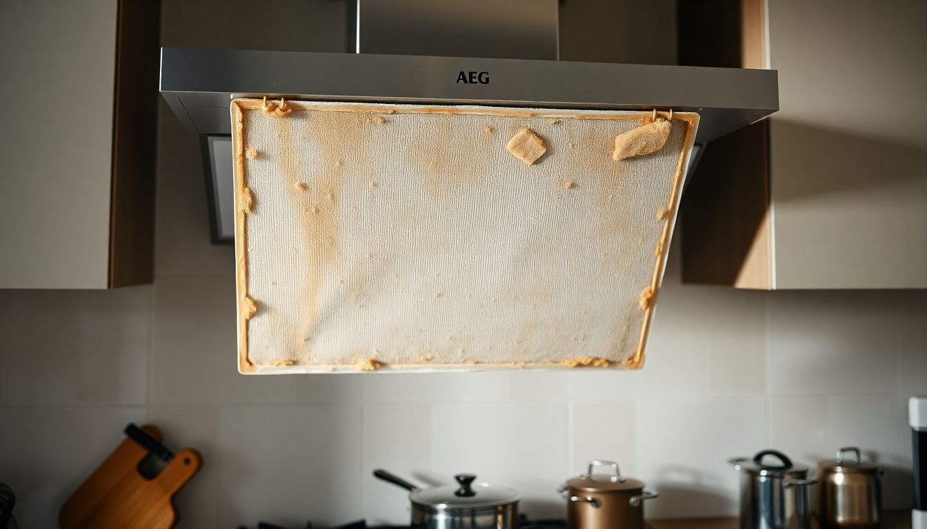 Een vuile AEG afzuigkapfilter boven een fornuis met kookpotten.