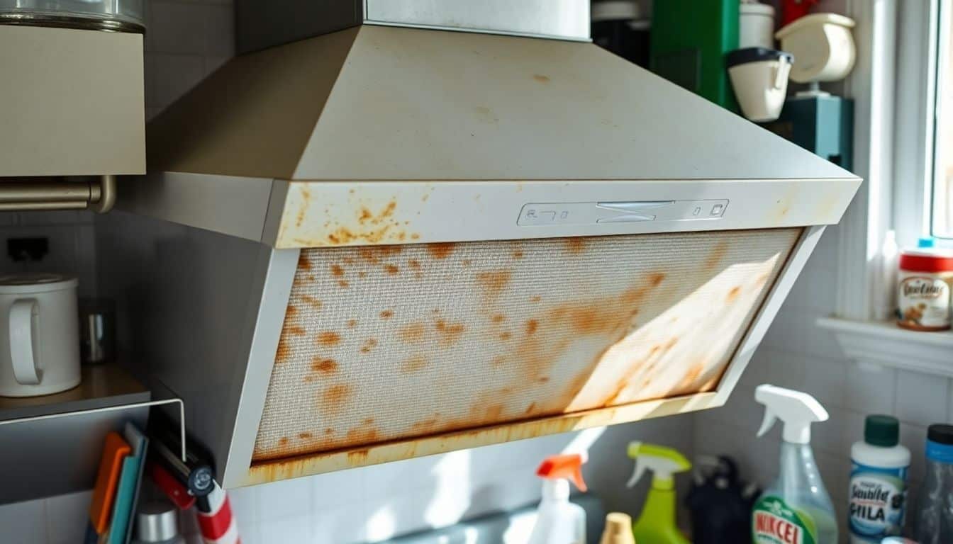 Vieze keukenafzuigkapfilter te midden van schoonmaakspullen.