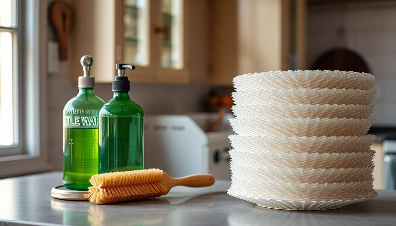 Een vintage keuken met een ouderwetse schoonmaakset op het aanrecht.