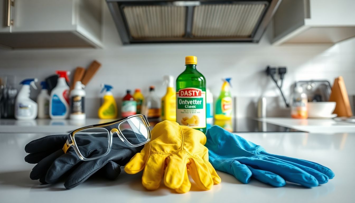 Een paar handschoenen en veiligheidsbril naast Dasty Ontvetter Classic.