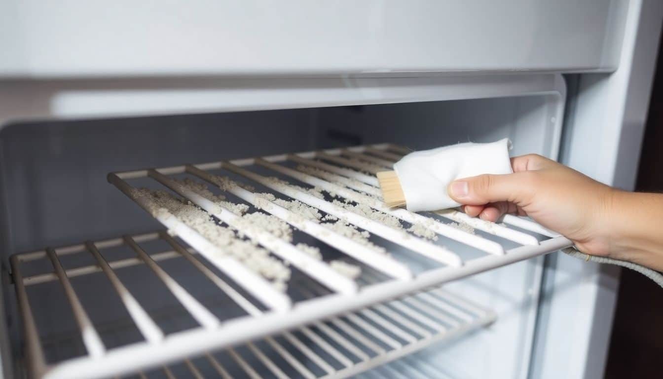 De condensor spoelen van een stoffige koelkast worden schoongemaakt.
