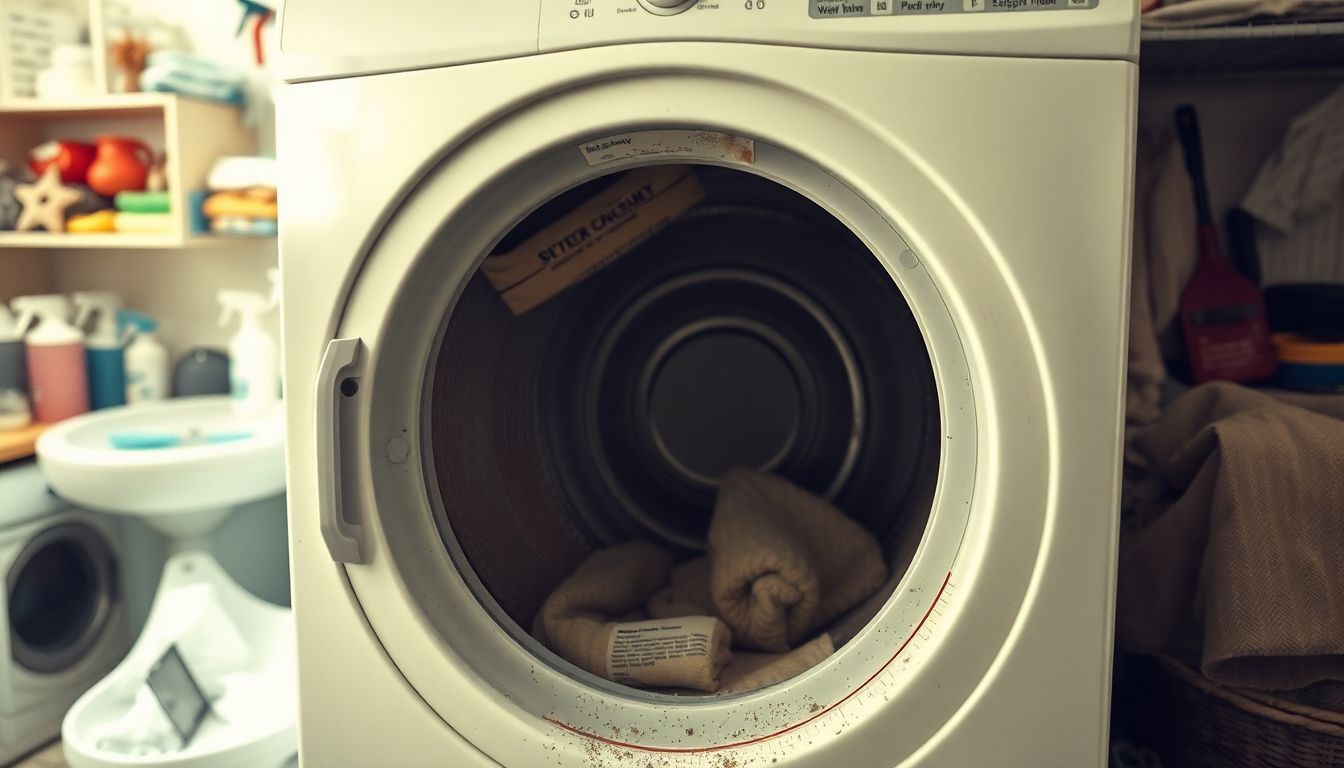 Een stoffige wasdroger omgeven door wasgoed en schoonmaakspullen in een rommelige wasruimte.