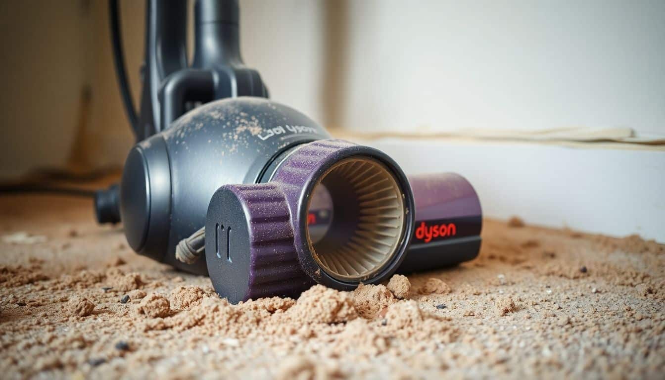 Een Dyson-stofzuiger staat in een stoffige omgeving met vuil op de grond.