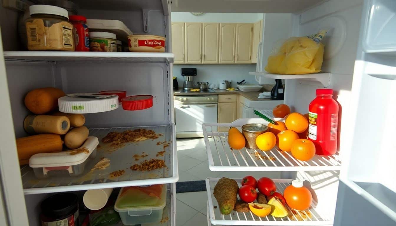 Een rommelige koelkast vol bedorven eten en een rommelige keuken erachter.