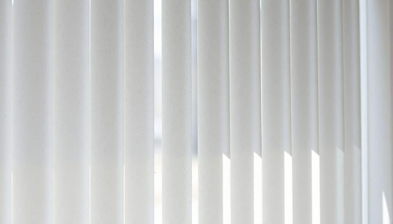 Een close-up van stoffige witte plastic verticale jaloezieën in een raam.