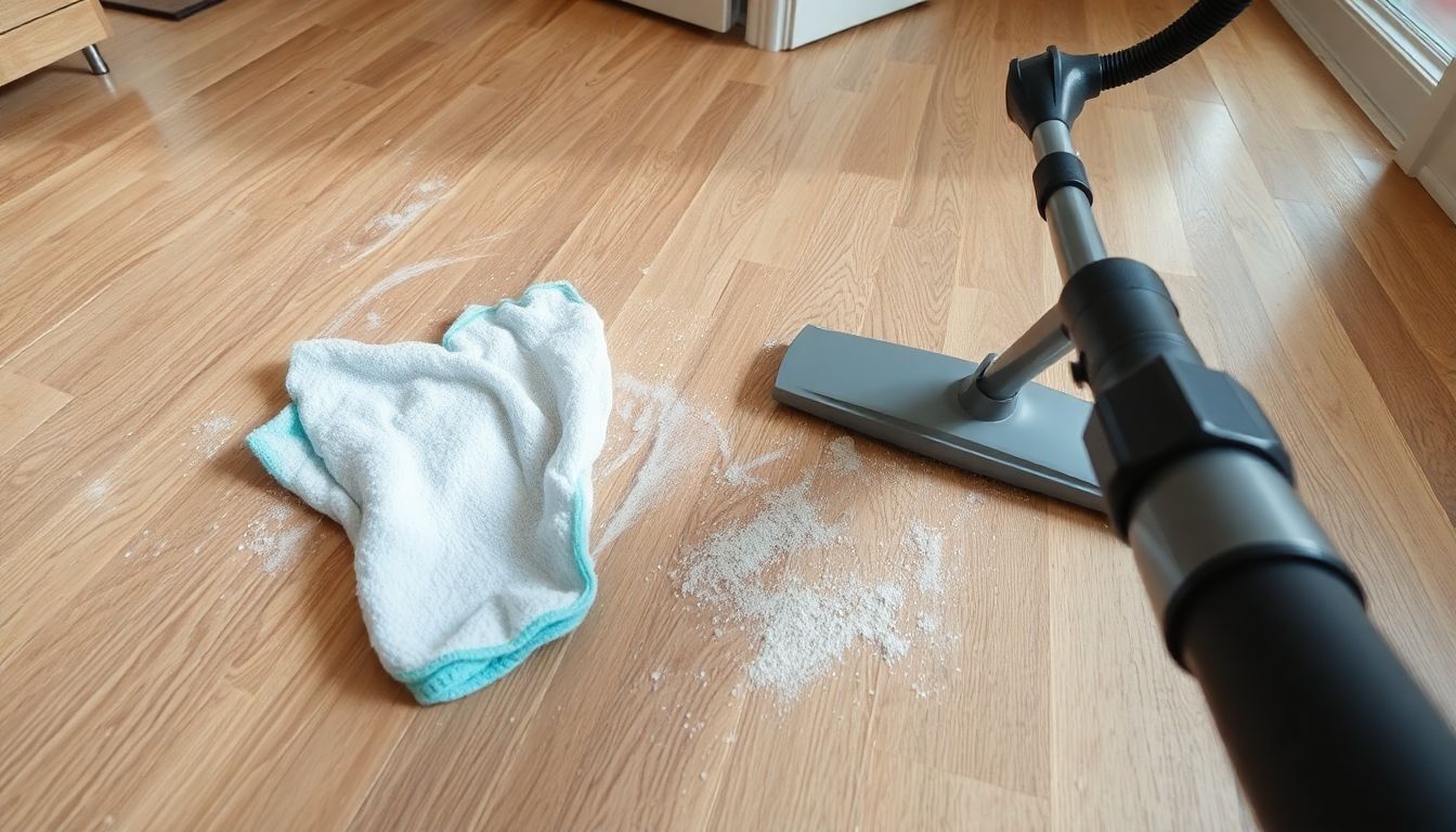 Een stoffige laminaatvloer wordt schoongemaakt met een stofdoek en stofzuiger.