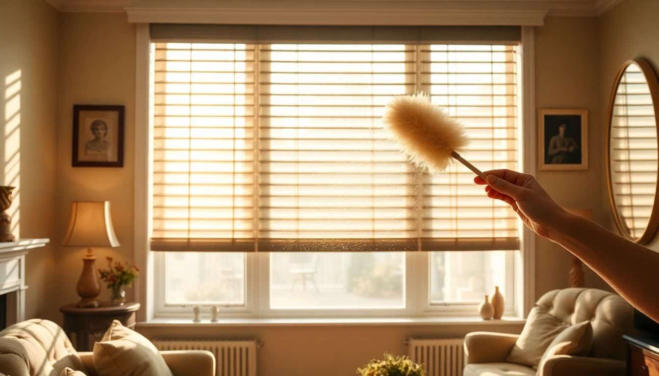 Een gezellige vintage woonkamer wordt schoongemaakt met een stoffer.