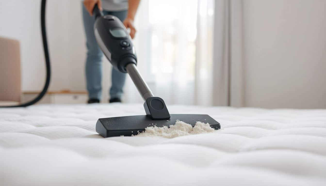 Een matras wordt stofgezogen in een opgeruimde slaapkamer.