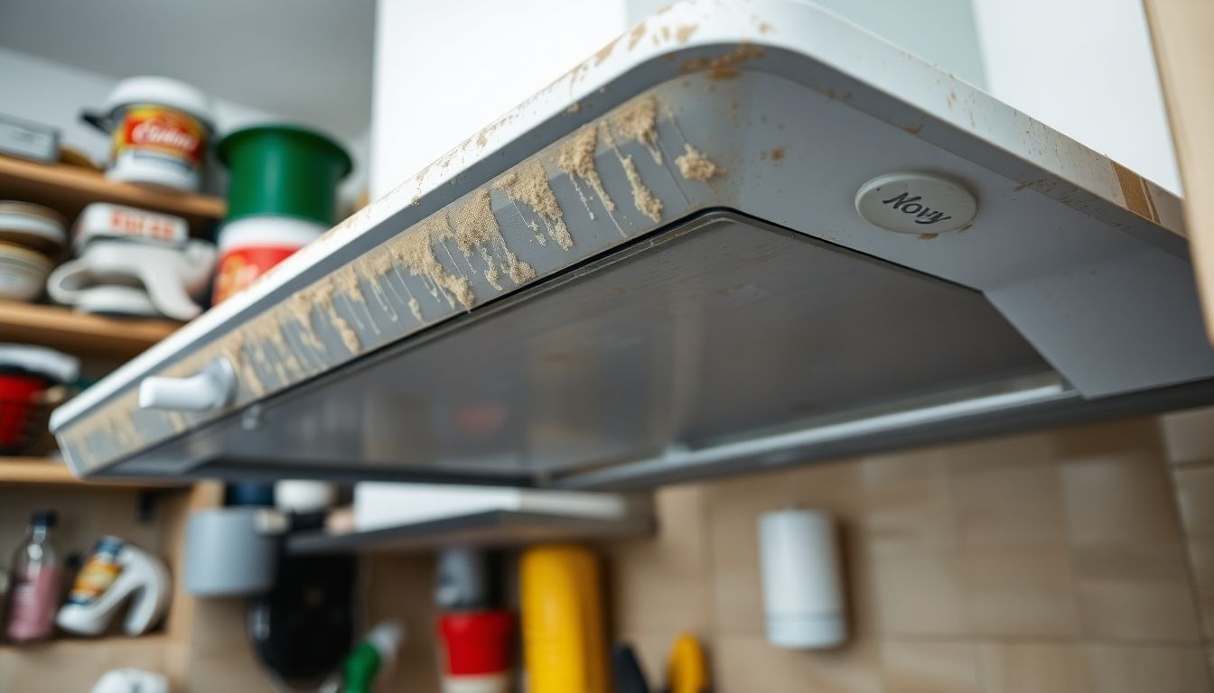 Een vuile Novy afzuigkap in een rommelige keuken.