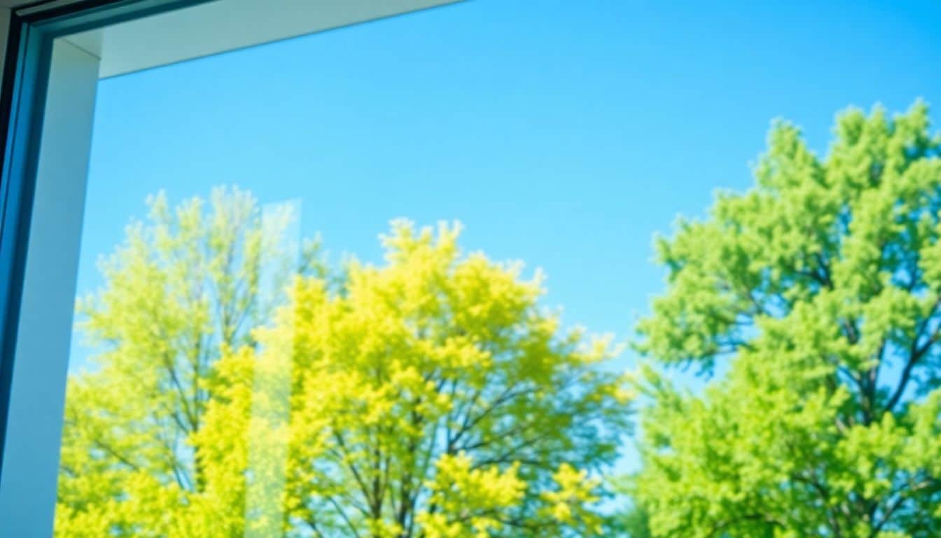 Een schone, spiegelende raam weerspiegelt heldere lucht en groene bomen.