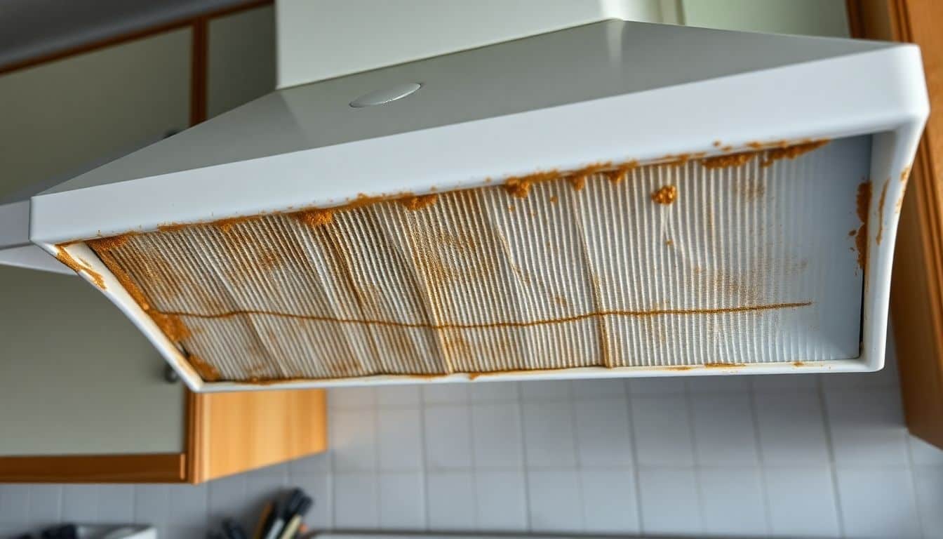 Een vuile, vettige afzuigkapfilter in een rommelige keuken.