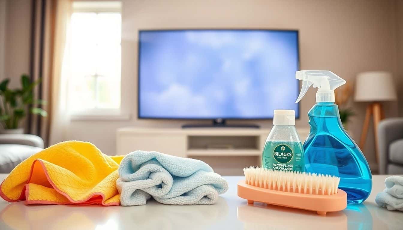 Een foto van schoonmaakbenodigdheden naast een stoffige televisiescherm.