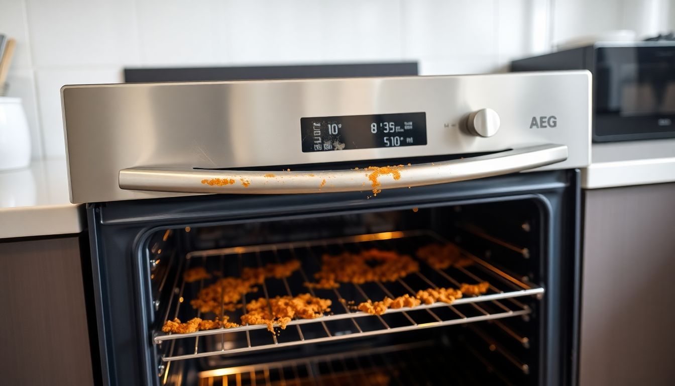Een vuile AEG oven in een moderne keuken, behoefte aan reiniging.