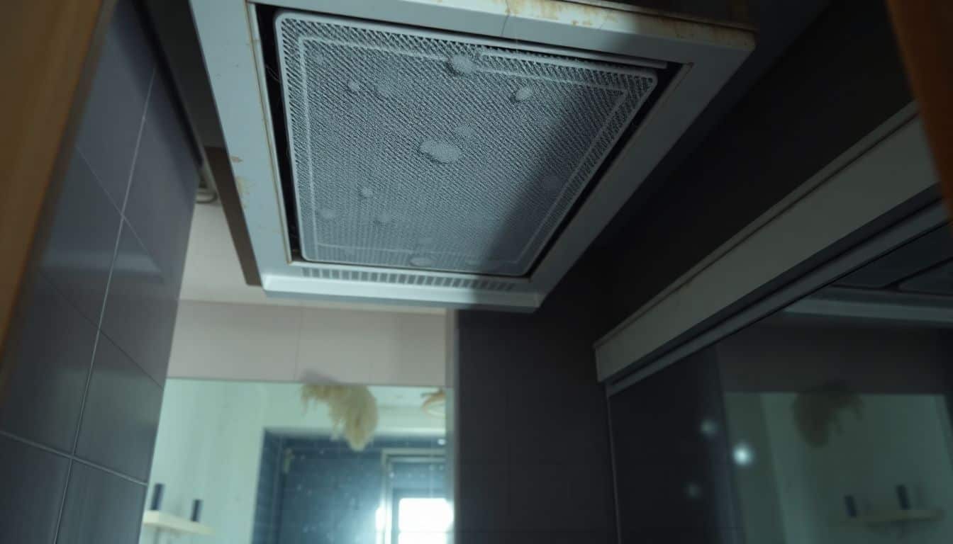 Een verwaarloosd ventilatiesysteem in een vochtige badkamer.