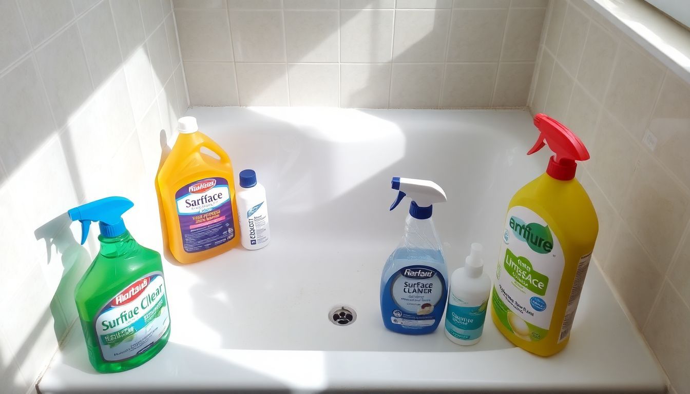 Een goed gebruikt bad met schoonmaakproducten eromheen in een natuurlijk verlichte badkamer.