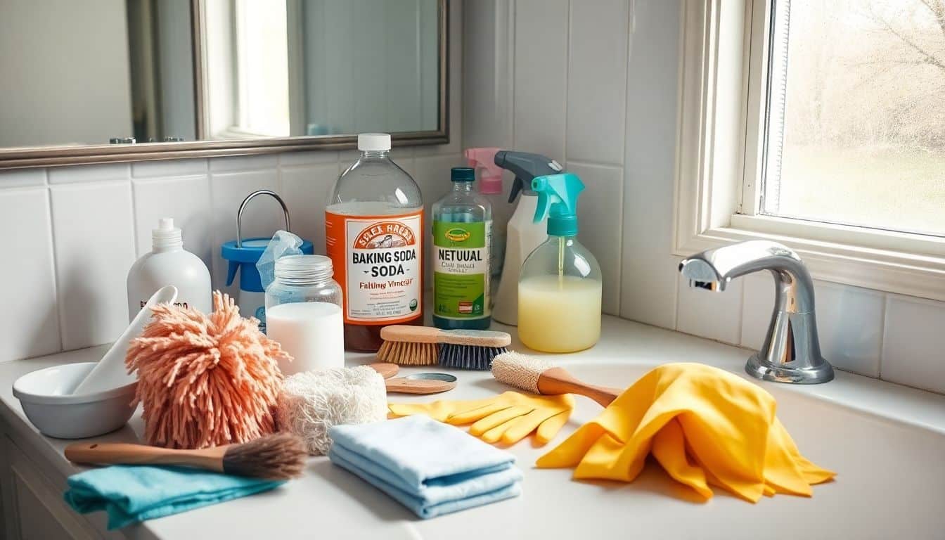 Een rommelige badkamer met natuurlijke schoonmaakproducten en reinigingsbenodigdheden.