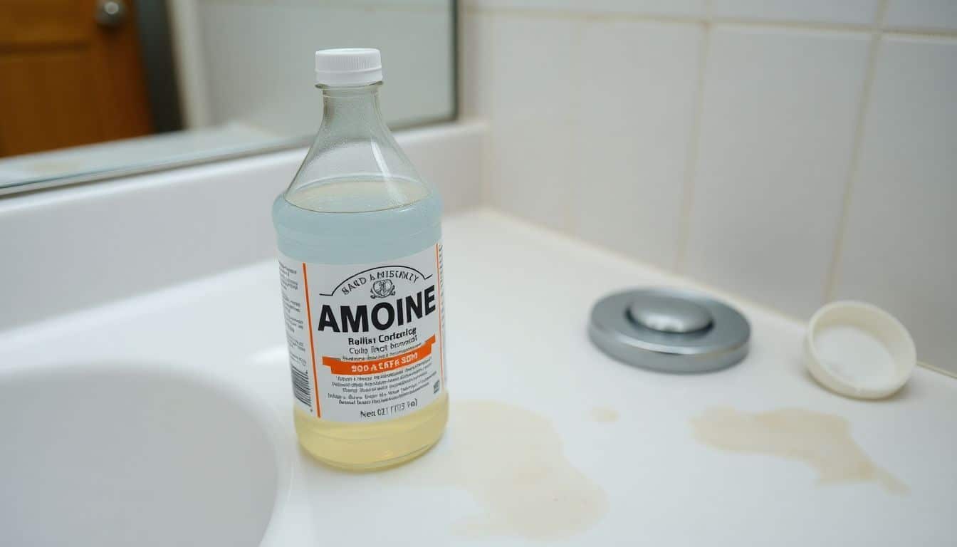 Een fles ammoniak op een aanrecht in een badkamer.