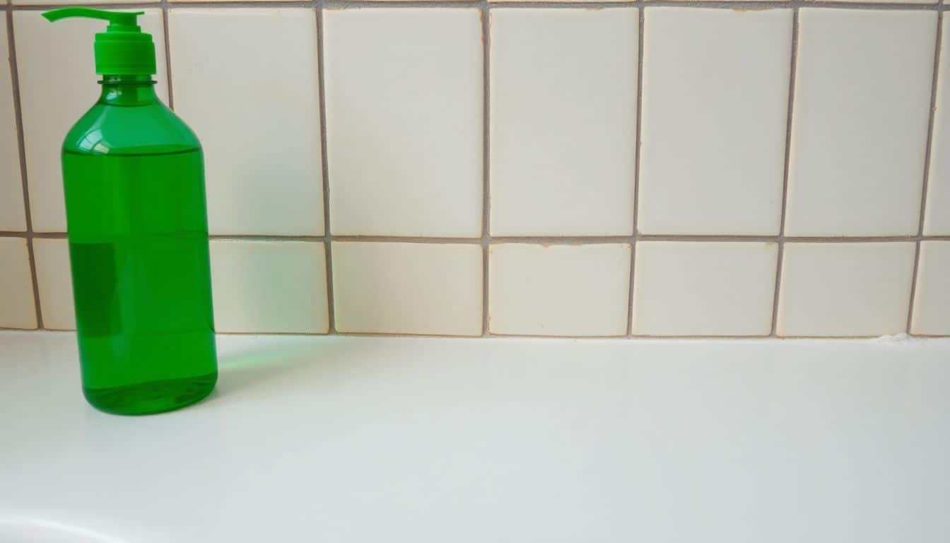 Een fles groene zeep op een vieze badkamerplank.