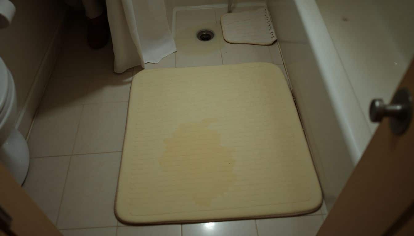 Een vuile, beschimmelde badmat naast een natte douche.