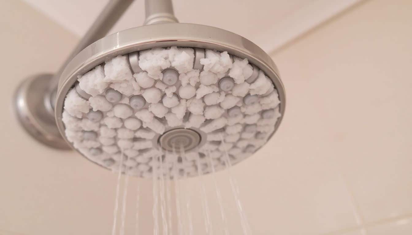 Een verstopte douchekop met kalkaanslag in een badkamer.