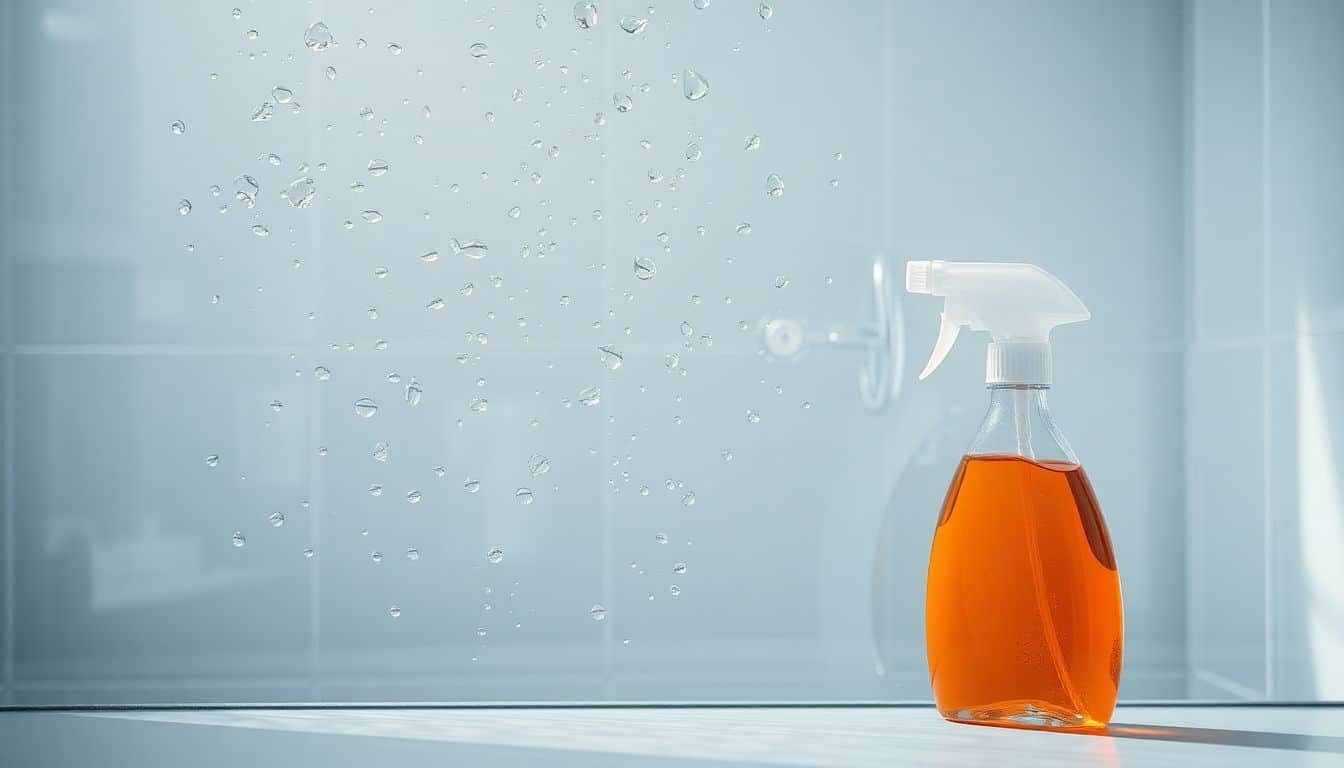 Een schone glazen douchewand met sprayfles schoonmaakmiddel ernaast.