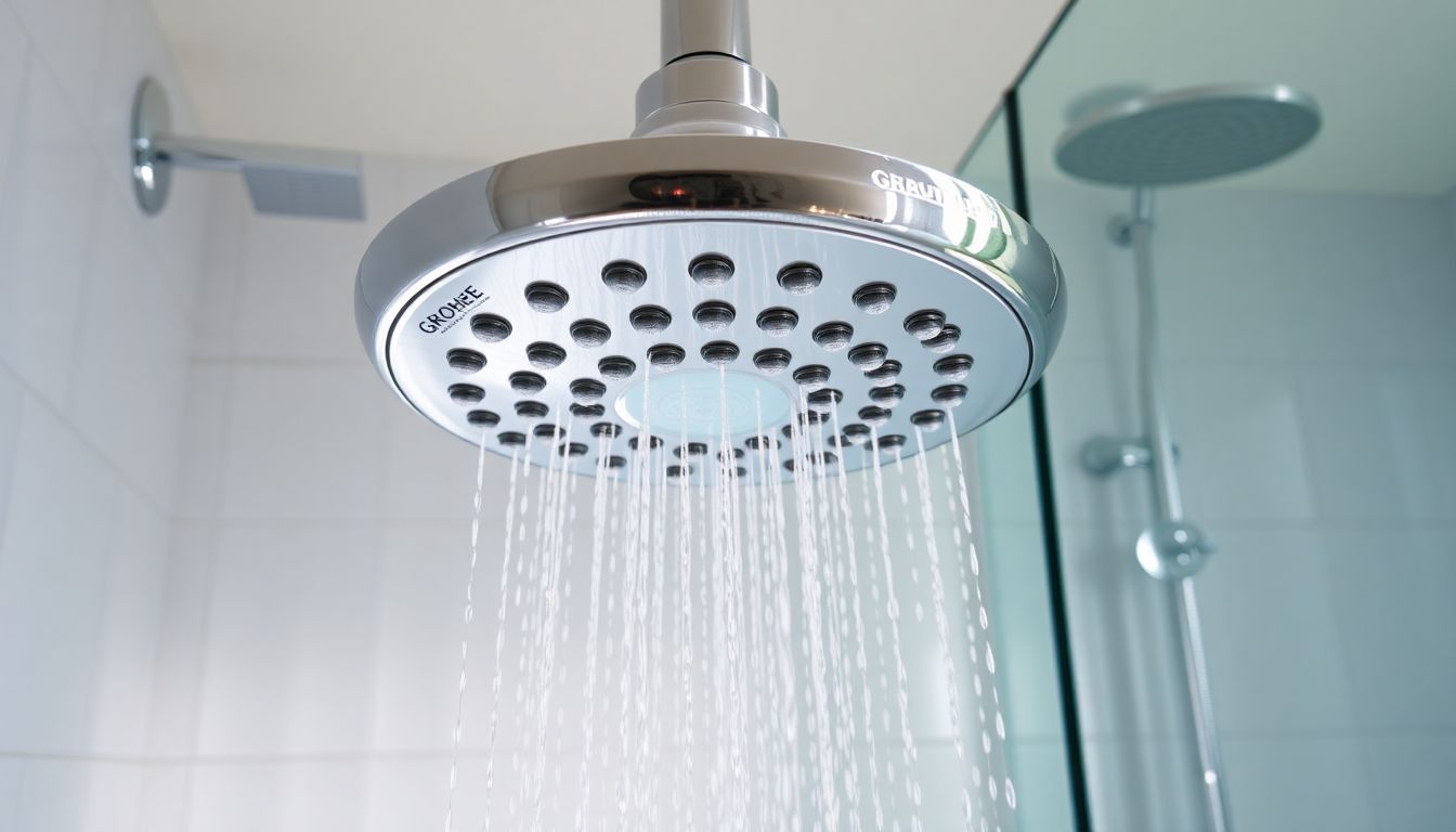 Een Grohe regendouchekop met kalkaanslag in een moderne badkamer.