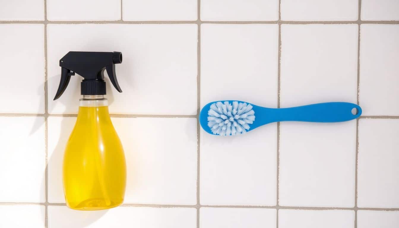 Een sprayfles en schrobber liggen op een vuile badkamermuur.