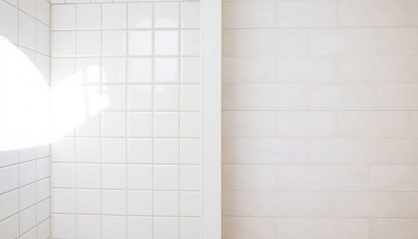 Een badkamer met glanzende en matte tegels, die verschillende onderhoudsbehoeften hebben.