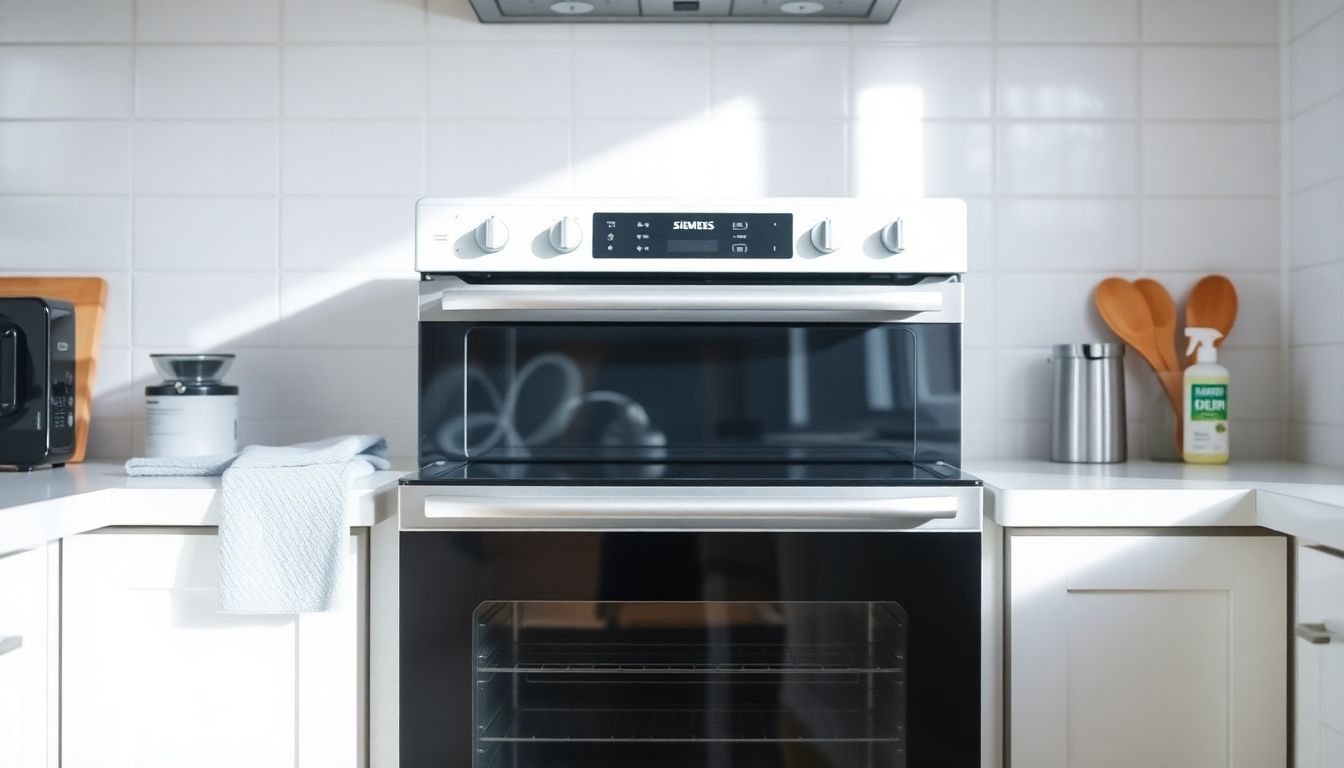 Een schone keuken met een Siemens oven en schoonmaakmiddelen in de buurt.