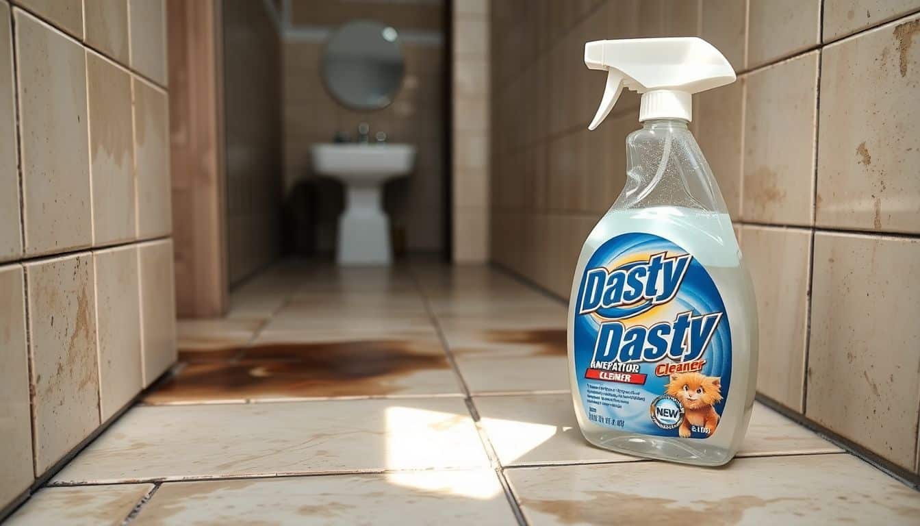 Een vuile badkamertegelvloer wordt gereinigd met Dasty reiniger.