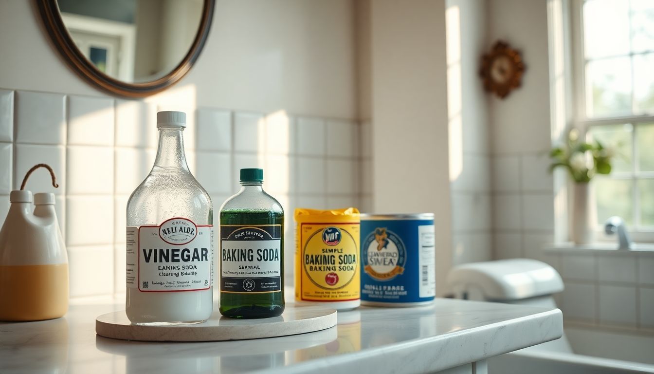 Eco-vriendelijke schoonmaakproducten op vintage badkamer aanrecht.