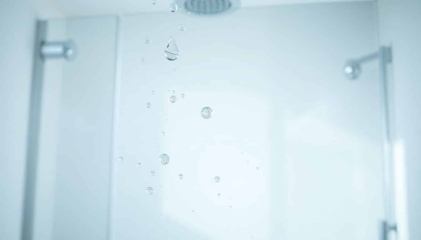 Een waterdruppel glijdt van een glazen douchewand met nano-beschermingscoating.