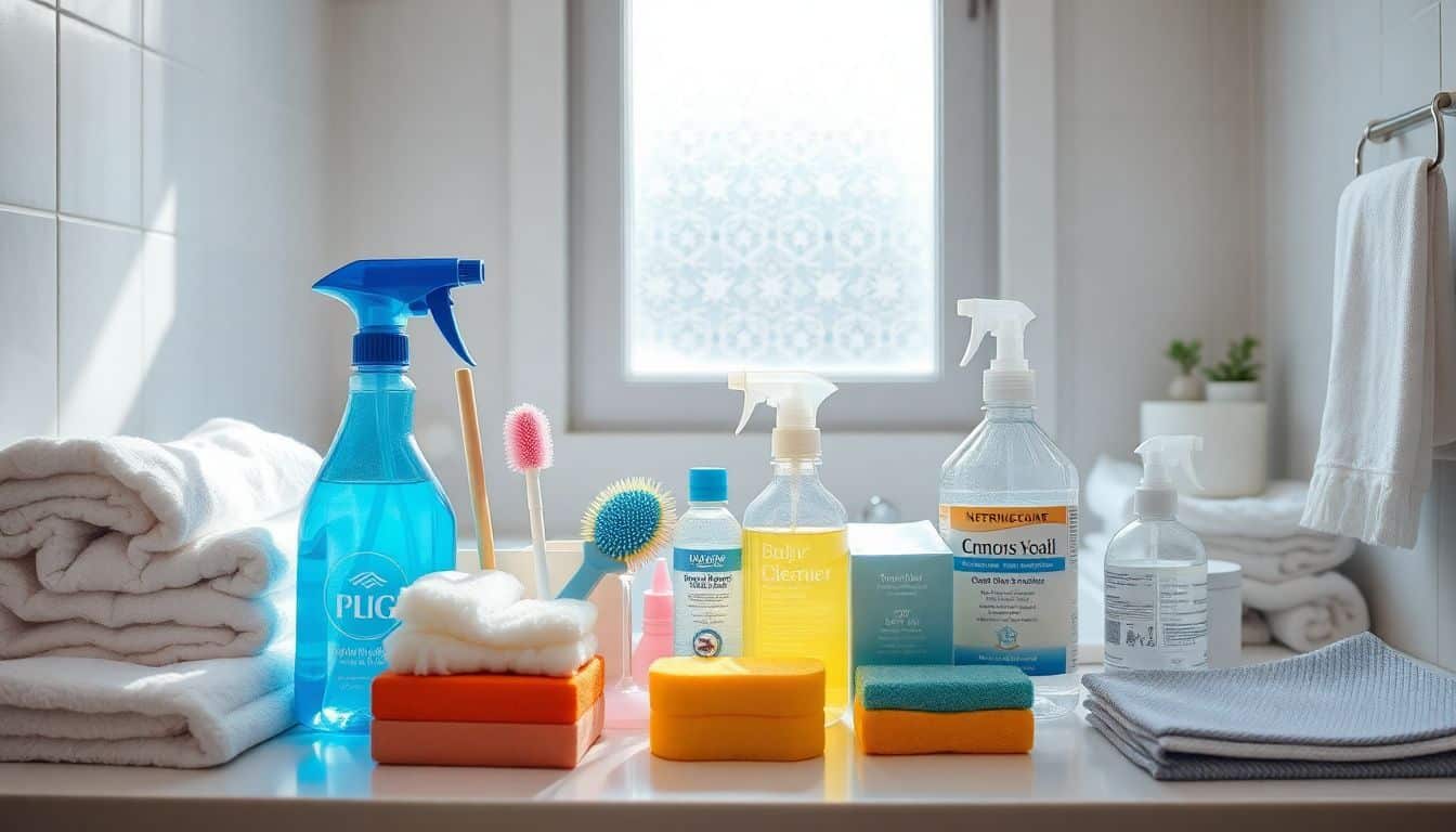 Een verzameling schoonmaakspullen en handdoeken op een badkamerblad.
