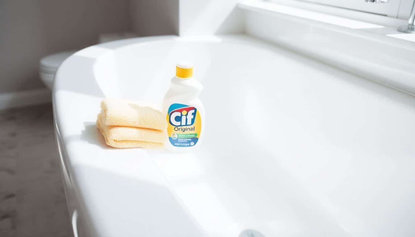 Een fles Cif Cream Original en een zachte spons op een schone badrand.