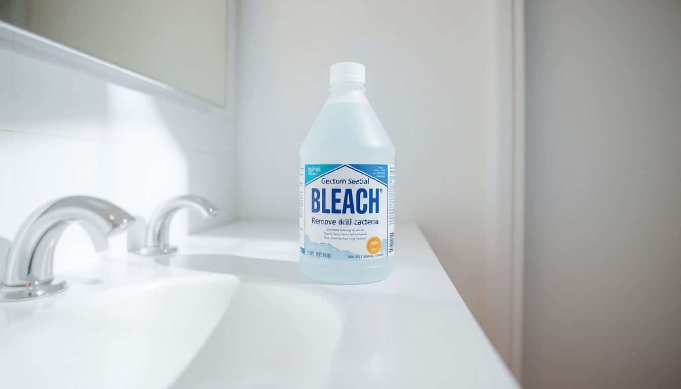 Een fles bleekmiddel op een schone badkamer toonbank.