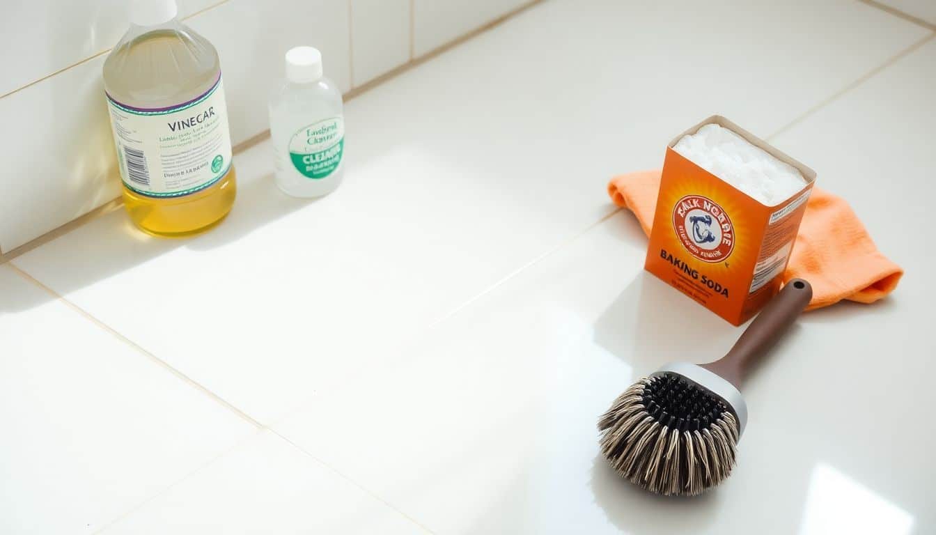 Een schone badkamervloer met schoonmaakproducten en benodigdheden.