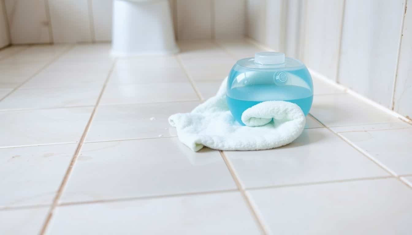 Een badkamervloer wordt schoongemaakt met water en zeep. Een badkamervloer wordt schoongemaakt met water en zeep.