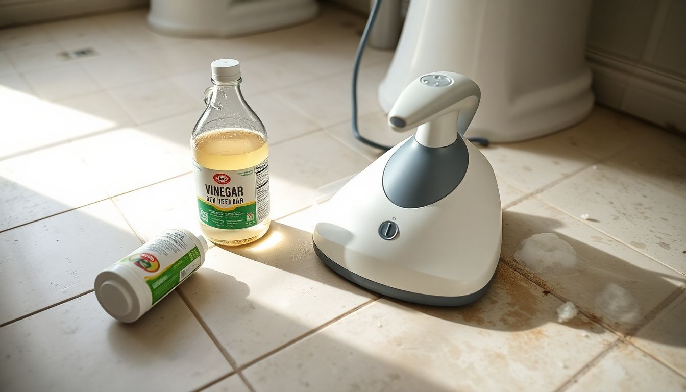 Een fles azijn en een stoomreinigingsmachine worden gebruikt in een badkamer.