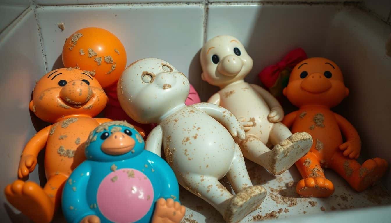 Vieze badspeeltjes rusten in vochtige badkamer.