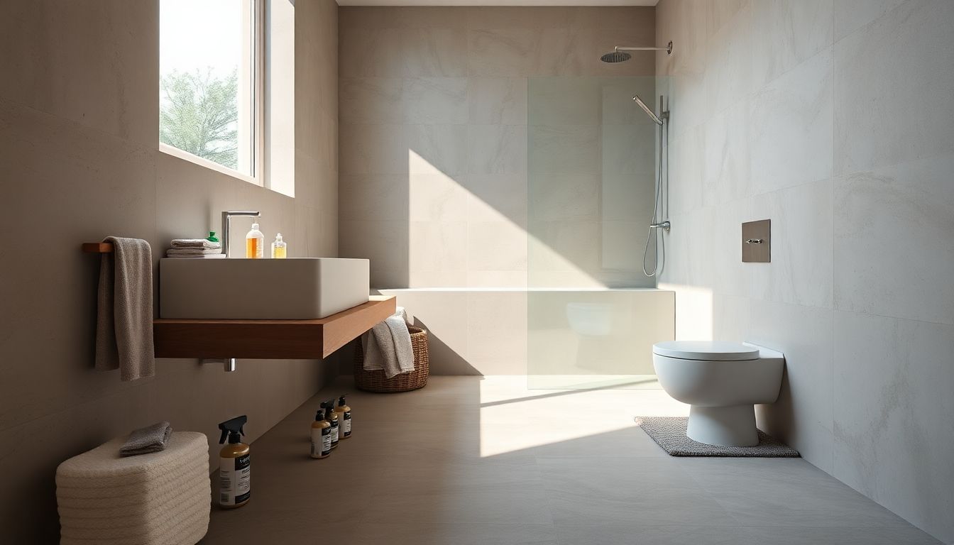 Een schone en moderne badkamer met beton ciré oppervlakken en opruimaccessoires.