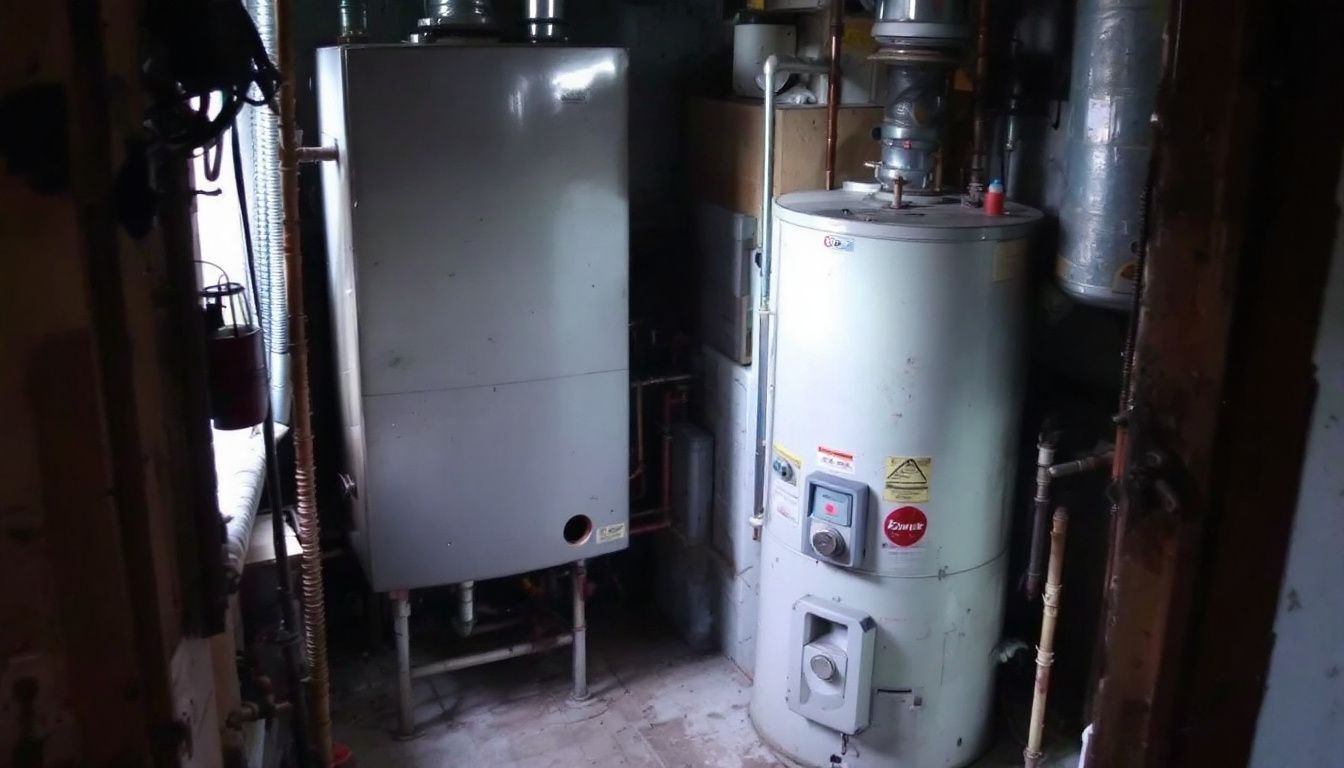 Een verwaarloosde, oude gas combiketel in een bijkeuken.