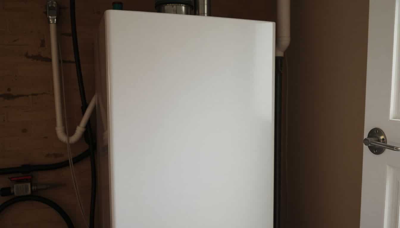 Een verwaarloosde boiler in een utility room met tekenen van slijtage.