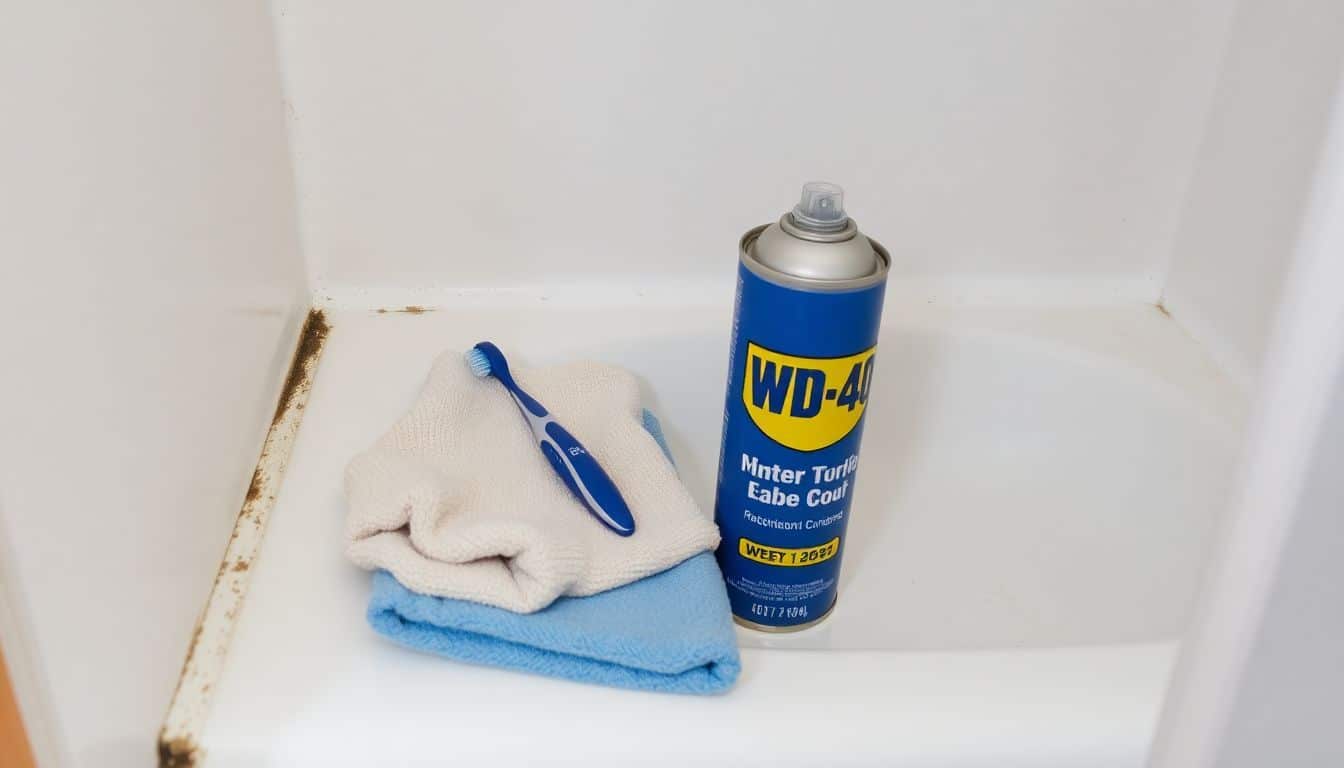 Een oude tandenborstel, een zachte doek en een spuitbus WD-40 op een douchecabine.