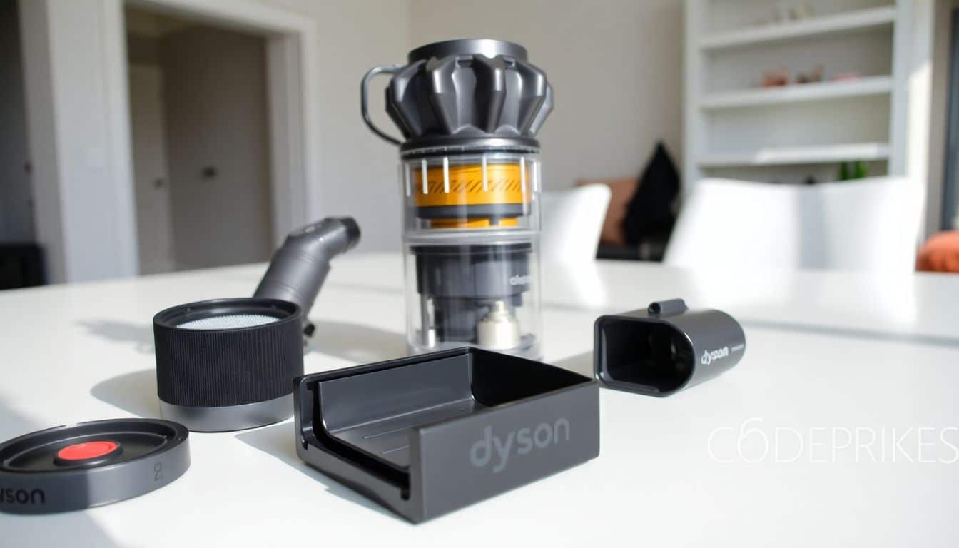 Een gedemonteerde Dyson V11-stofzuiger met onderdelen op een schone, goed verlichte oppervlakte.