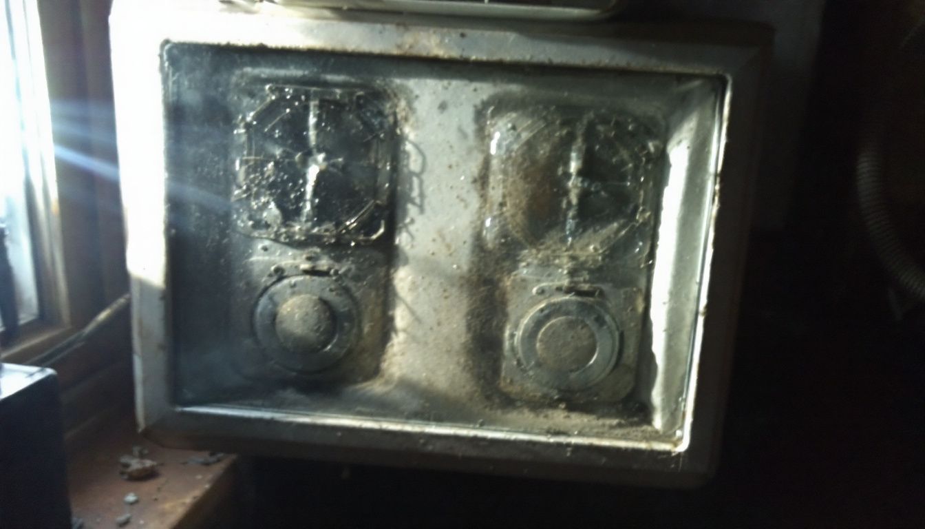 Een oude, stoffige gasverwarmer in een slecht onderhouden kamer.