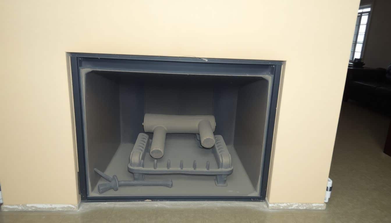 Een verwaarloosde gas open haard in een donkere woonkamer.