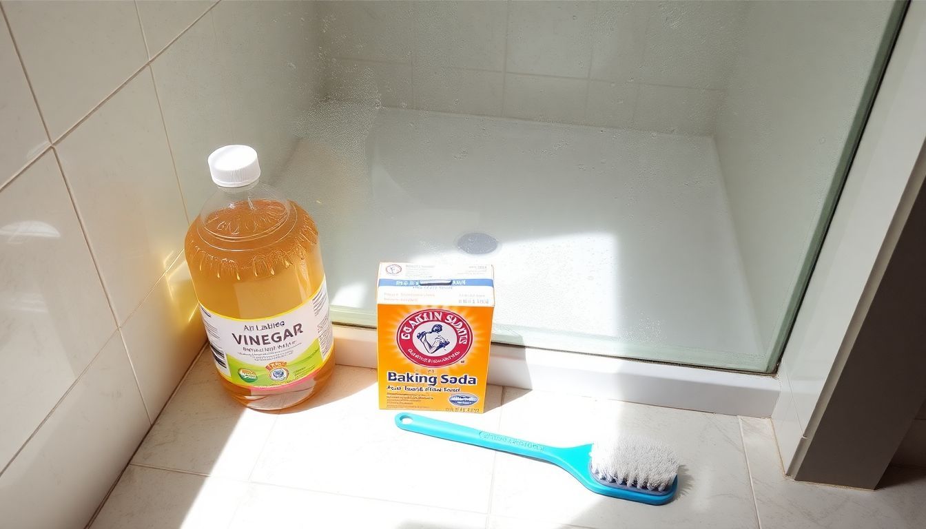 Een badkamer met zichtbare zeepresten en schoonmaakbenodigdheden op de vloer.