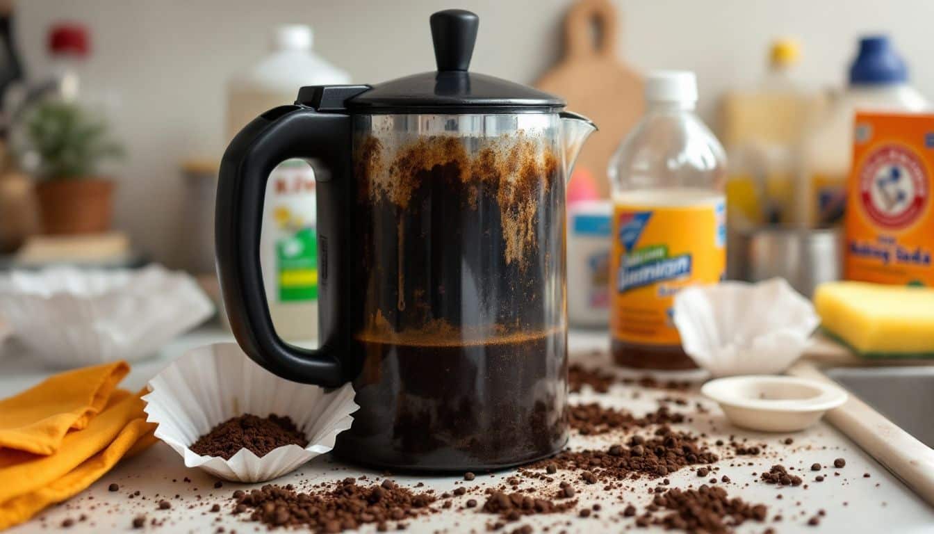Een rommelige keuken met gebruikte koffiepot en schoonmaakmiddelen.