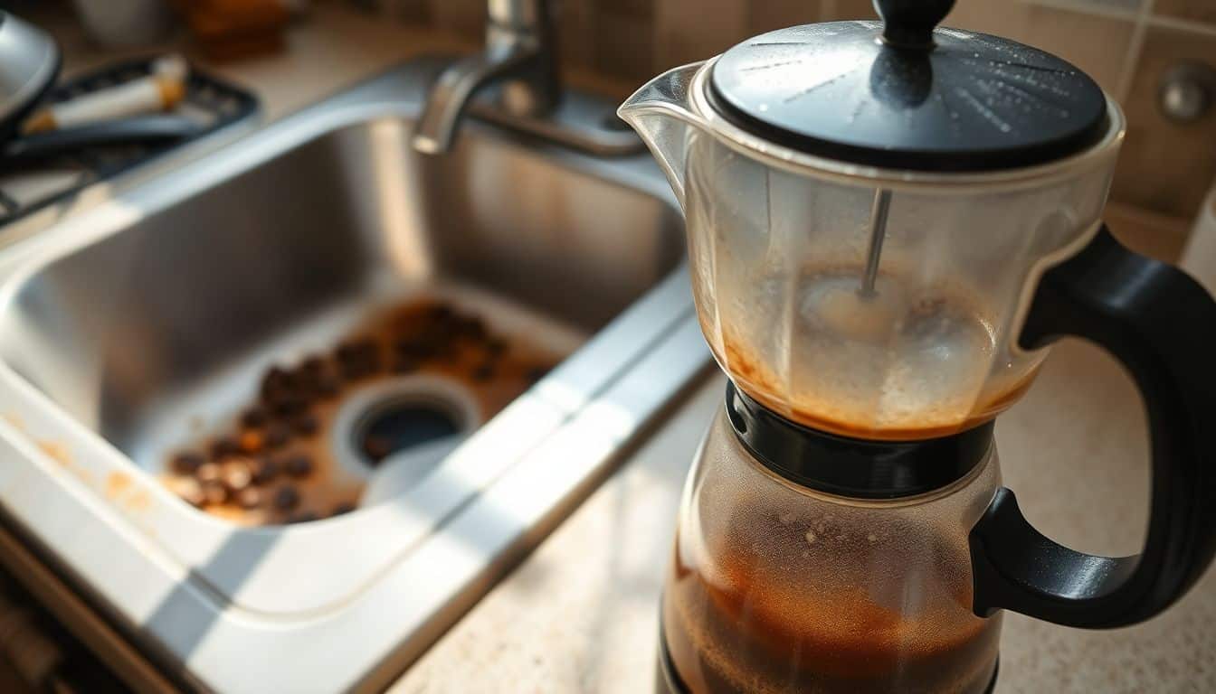 Een vuile koffiepot naast een rommelige gootsteen, die aantoont dat regelmatige reiniging nodig is.