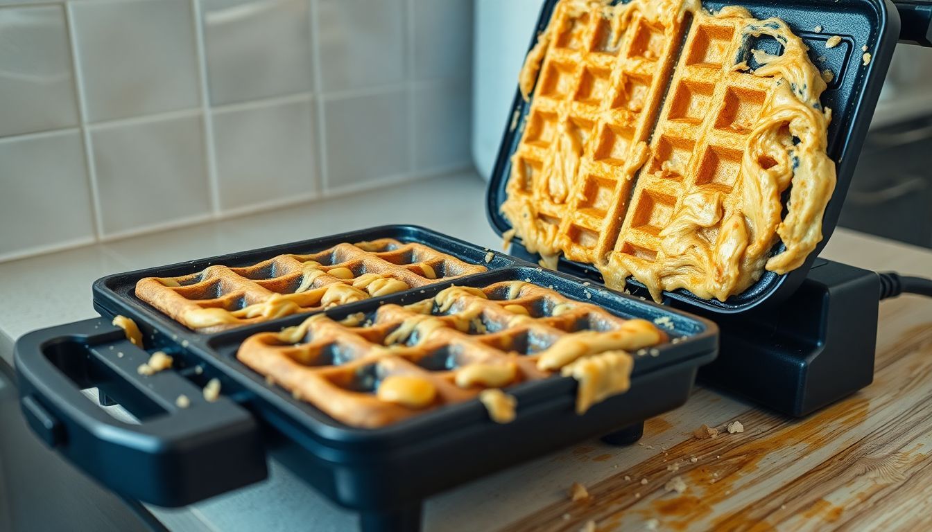 Een vieze wafelijzer op een aanrecht met restjes beslag en kruimels.
